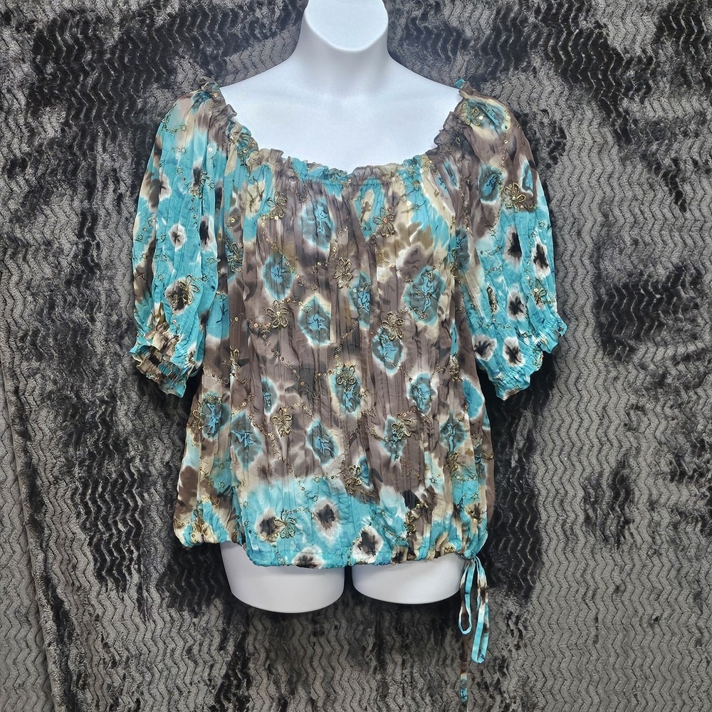 Peter Nygard Top Womens 18 Tye Dye Embroidered Crinkle Fairy Peasant Boho Ruched